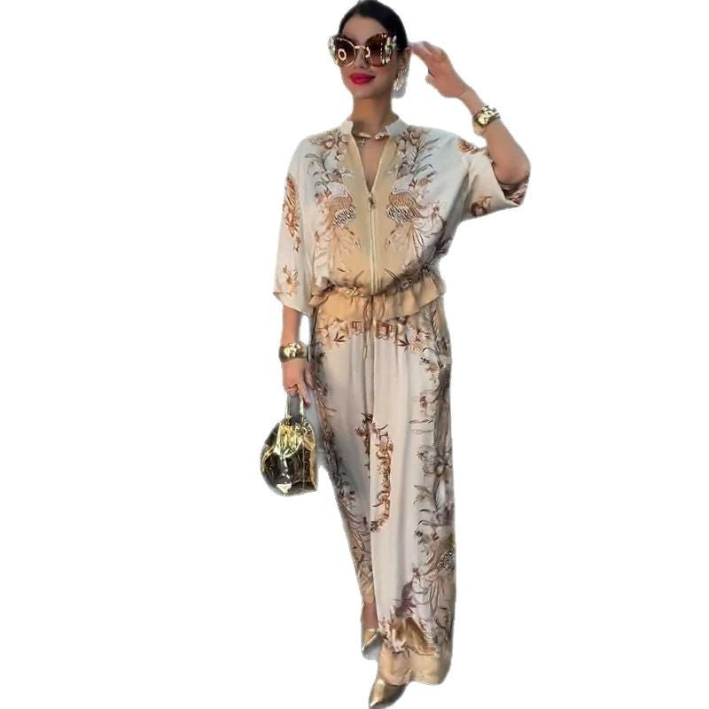 Three-dimensional Printed Flowers Baseball Uniform Drawstring Trousers Two-piece Set