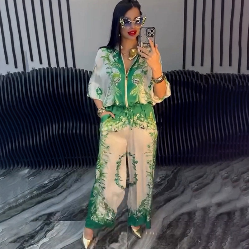 Three-dimensional Printed Flowers Baseball Uniform Drawstring Trousers Two-piece Set